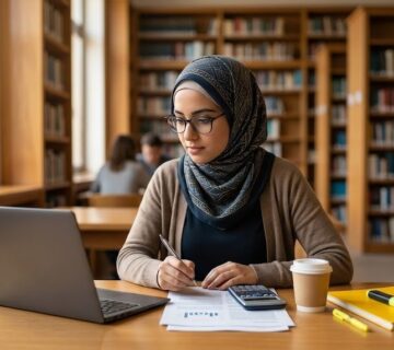 طالبة تراجع تكلفة رسالة الماجستير على مكتب مع حاسبة وحاسوب