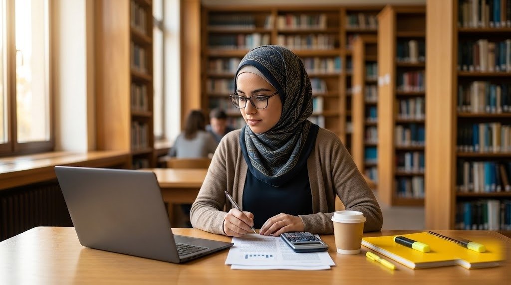 طالبة تراجع تكلفة رسالة الماجستير على مكتب مع حاسبة وحاسوب