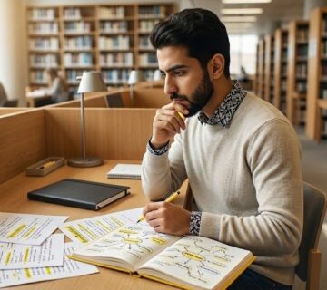 طالب يبحث عن موضوع رسالة الماجستير في مكتبة جامعية