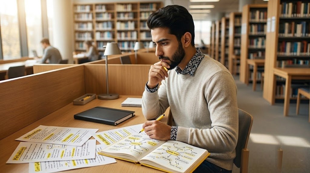 طالب يبحث عن موضوع رسالة الماجستير في مكتبة جامعية