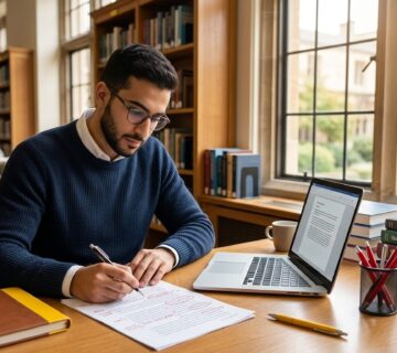 مراجعة بحث علمي وتصحيح الأخطاء بقلم أحمر على المكتب