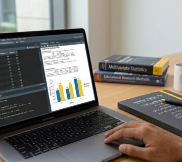 شاشة حاسوب تعرض تحليل بيانات ورسومًا بيانية وإحصاءات SPSS