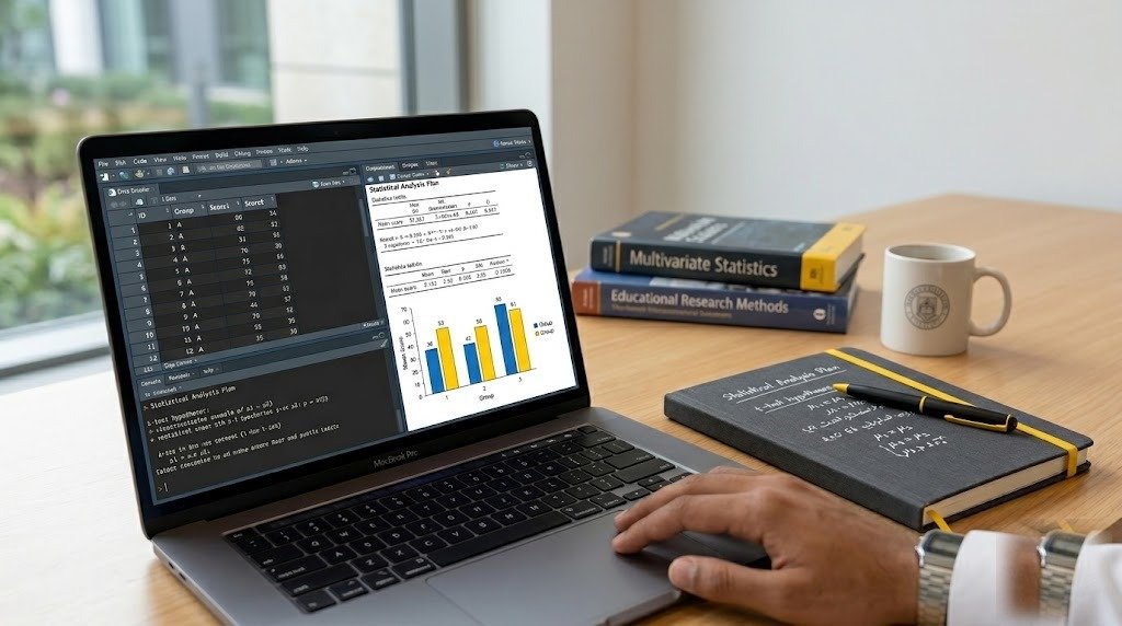 شاشة حاسوب تعرض تحليل بيانات ورسومًا بيانية وإحصاءات SPSS