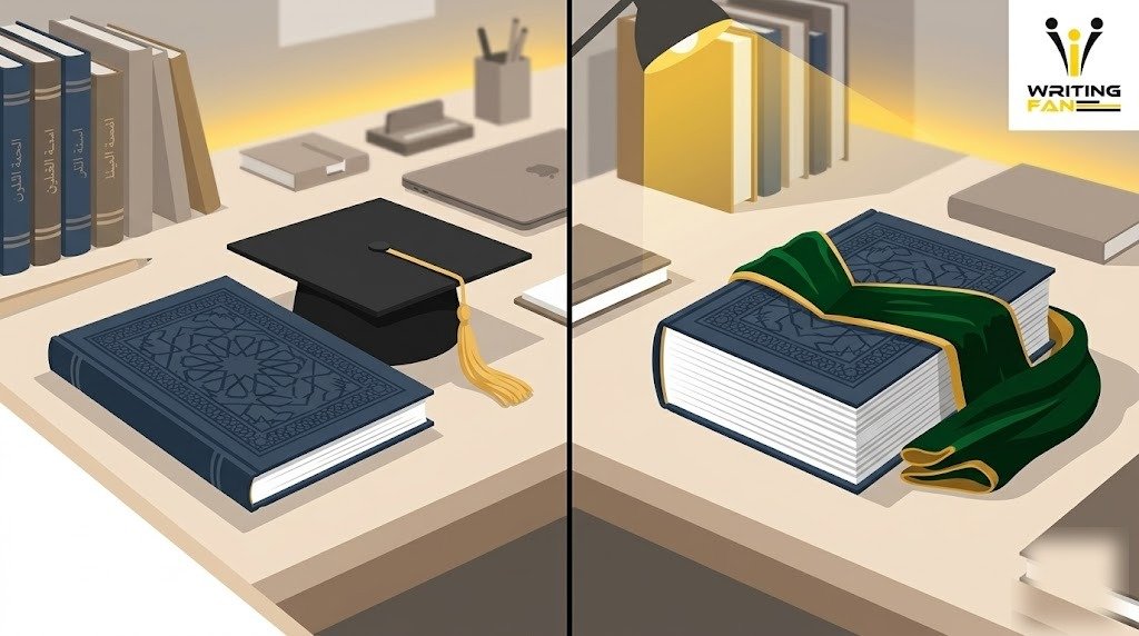 كتب أكاديمية ووثائق تمثل الفرق بين الرسالة والأطروحة