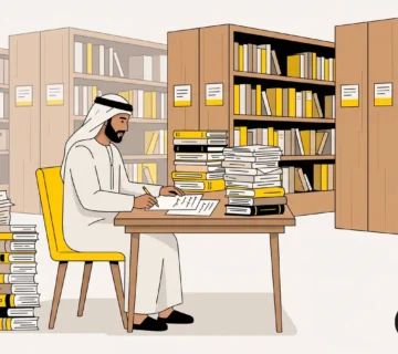 باحث اكاديمي يراجع مصادر ومراجع علمية داخل مكتبة جامعية استعدادا لكتابة بحثه
