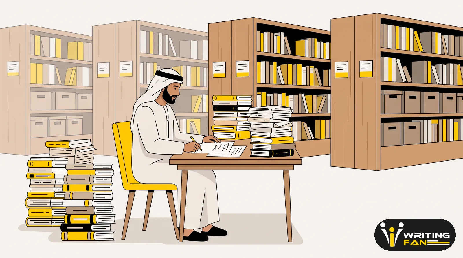 باحث اكاديمي يراجع مصادر ومراجع علمية داخل مكتبة جامعية استعدادا لكتابة بحثه