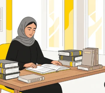 رسم توضيحي يمثل باحثاً يكتب رسالة ماجستير في القانون محاطاً بكتب تشريعية وميزان العدالة