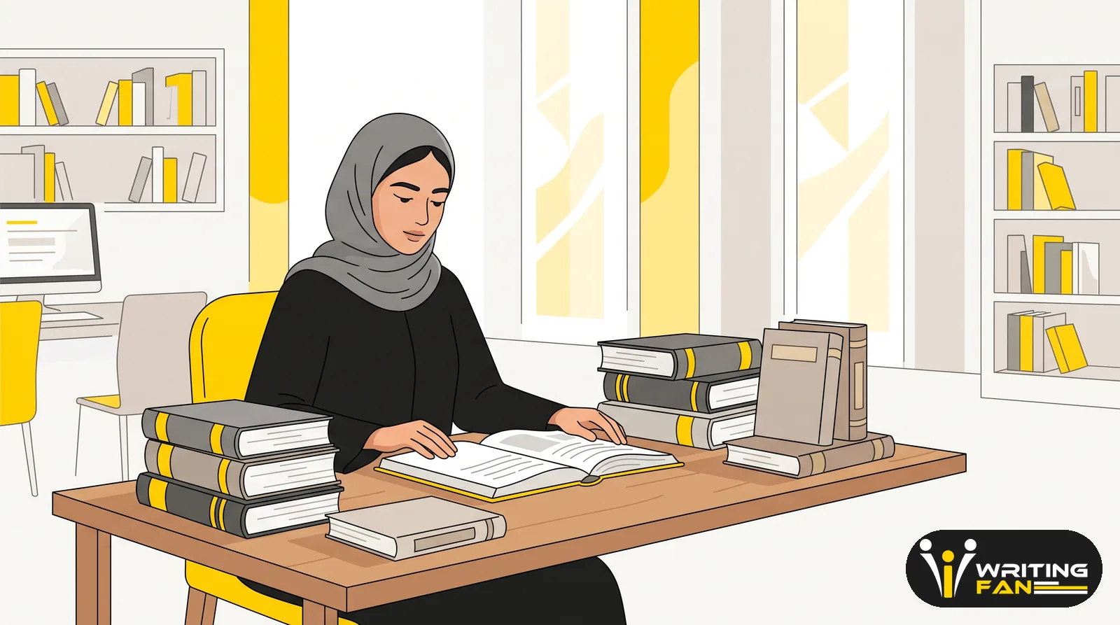 رسم توضيحي يمثل باحثاً يكتب رسالة ماجستير في القانون محاطاً بكتب تشريعية وميزان العدالة
