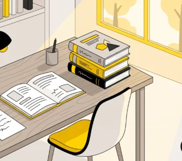 طالب يراجع قائمة شروط رسالة الماجستير على مكتب في مكتبة جامعية