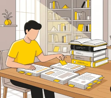 طالب دراسات عليا يرتب فصول رسالة الماجستير والدكتوراه على مكتب