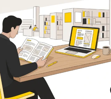 طالبة دراسات عليا تراجع مقترح رسالة الماجستير على مكتب المكتبة