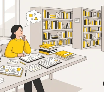 طالبة تتصفح مراجع في مكتبة لاختيار عنوان رسالة ماجستير