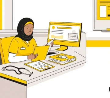باحثة تمريض تراجع بيانات إحصائية على شاشة حاسوب أثناء إعداد رسالة ماجستير في التمريض