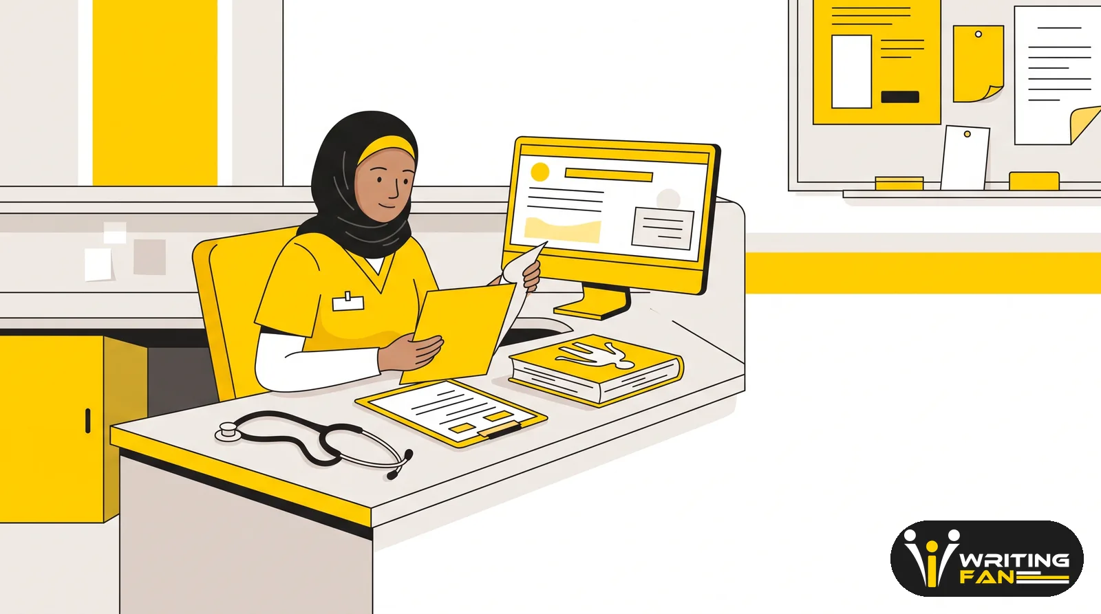 باحثة تمريض تراجع بيانات إحصائية على شاشة حاسوب أثناء إعداد رسالة ماجستير في التمريض