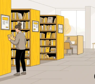 طالبة دراسات عليا تتصفح رفوف مكتبة الأبحاث العلمية الجامعية