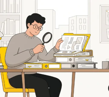 طالب يقارن حجم عدة أبحاث علمية مختلفة السماكة على مكتب الدراسة