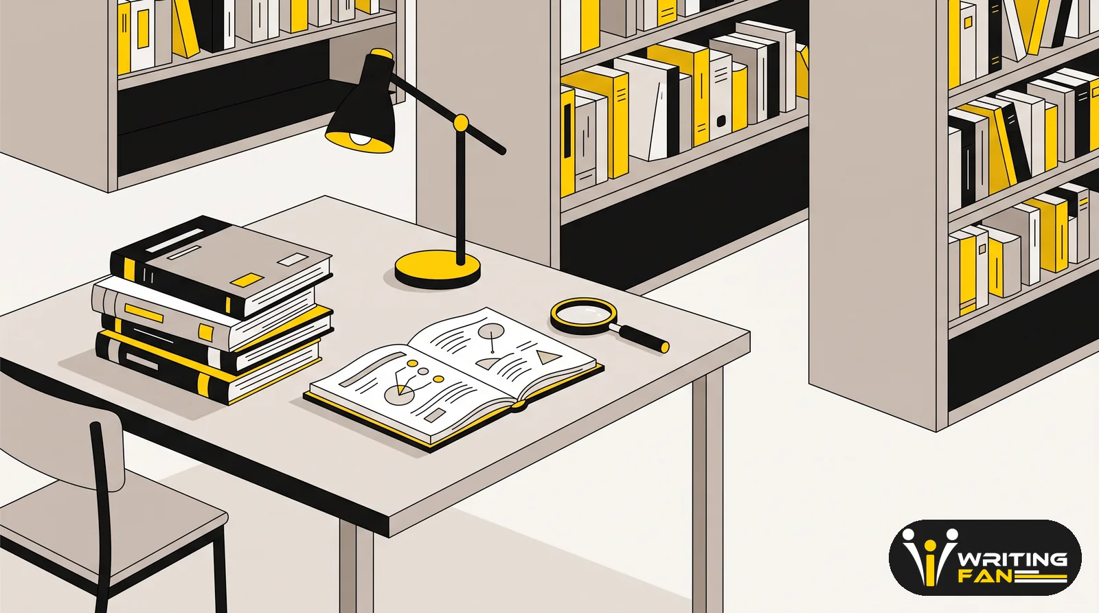 طاولة مكتبة جامعية مع مجلات علمية وبحث مفتوح يوضح نموذج كتابة البحث