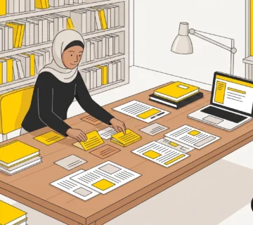 طالب يرتب أوراق خطة البحث العلمي على طاولة مكتبة جامعية