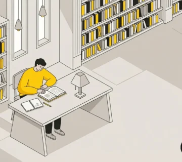 طالب يقرأ كتابًا مفتوحًا في مكتبة هادئة بين رفوف الكتب